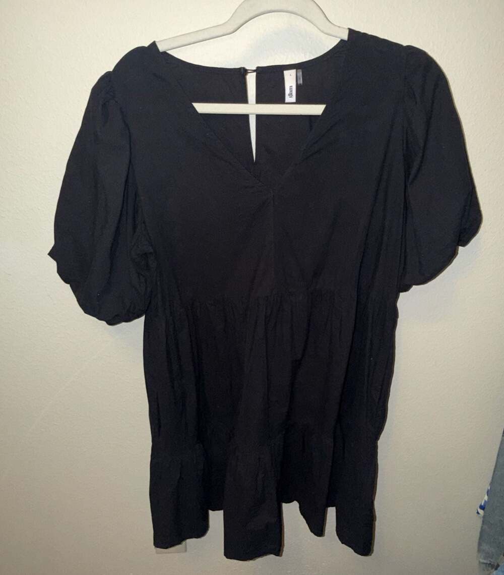 glam Black Tiered Puff Sleeve V-Neck Mini Dress Size L